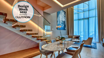 Lutron lighting on stairs and a dining area - with Design Week Logo
