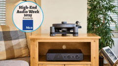 AVID Relveo Turntable with Amplifier and High-End AUdio Week Logo
