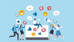 Social media job, online strategy team or internet community customer management, social network career, marketing professional, business people online team working with social media components.