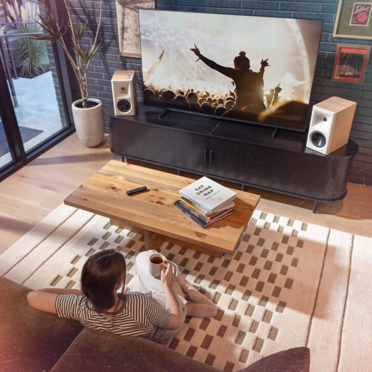 Klispch The FIves II powered speakers in a media room