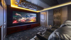 A home theater with Vicoustic acoustic treatments