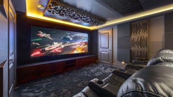A home theater with Vicoustic acoustic treatments