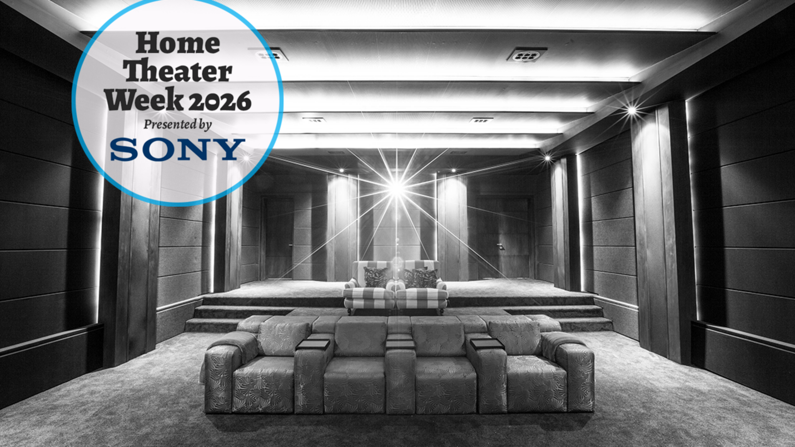 A Cinema Lusso home theater in black and white with bug