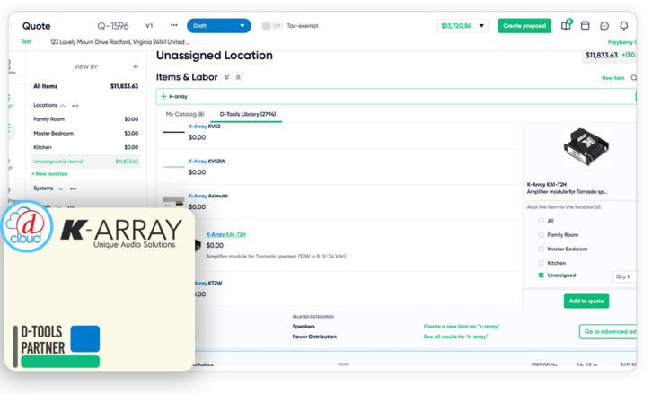 Full product catalog, including K-array, K-array Marine, KGEAR, and KSCAPE, joins D-Tools SI and Cloud